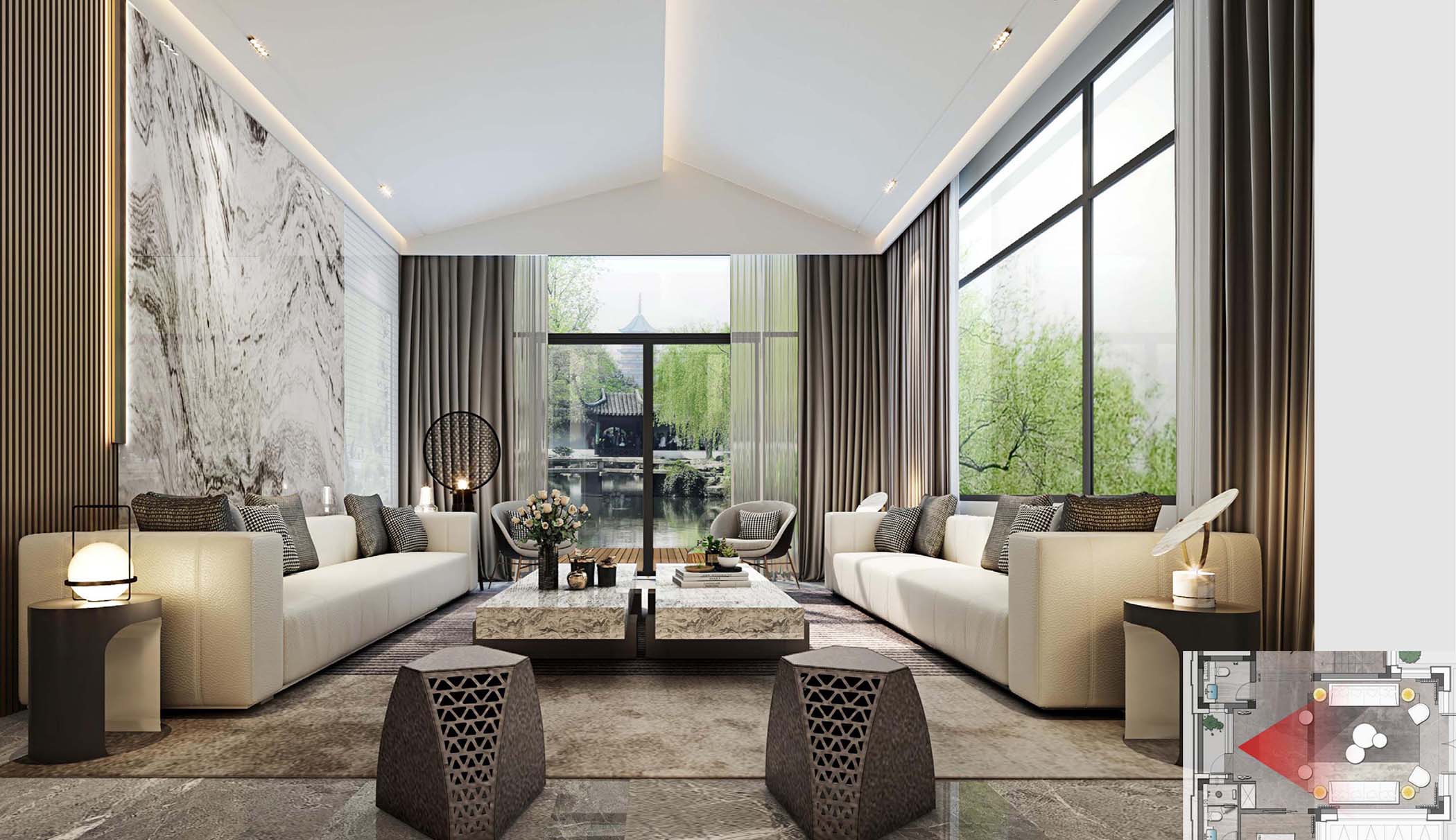 太平.某山莊A戶(hù)型新中式樣板間裝飾裝修工程(圖1) 00一層客廳.jpg